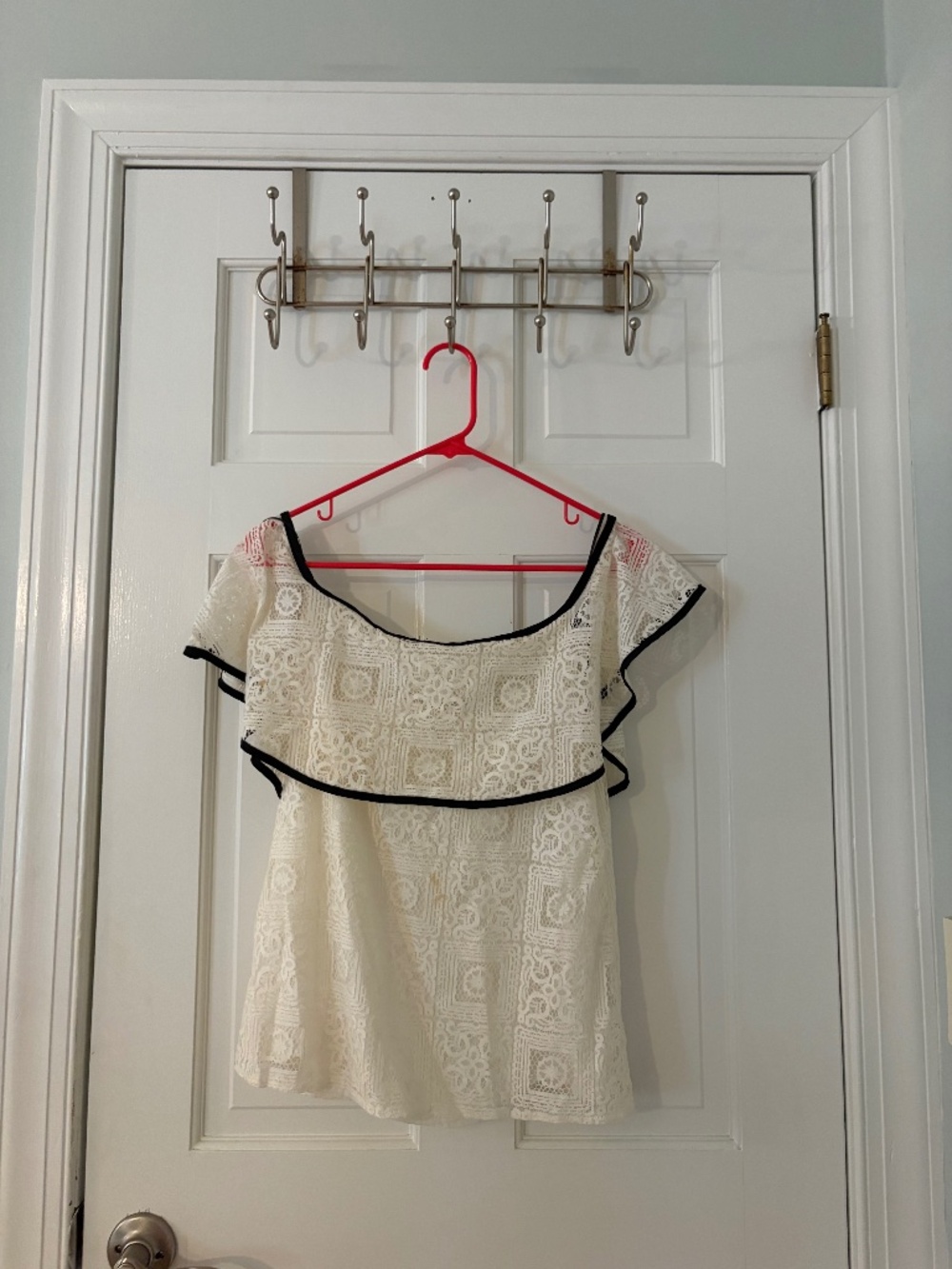 White Chrochdt Lace Off-The-Shoulder Ruffle Top With Black Trim